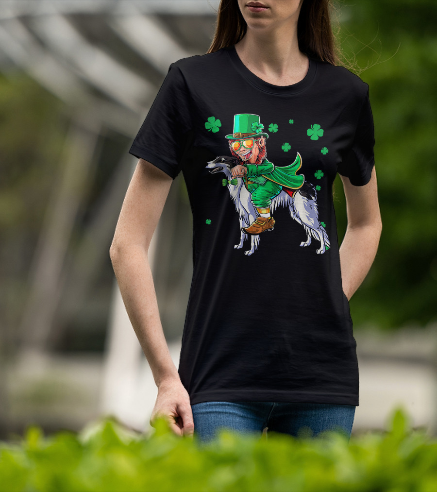 Leprechaun Riding Borzoi With Shamrocks St. Patrick's Day T-Shirt