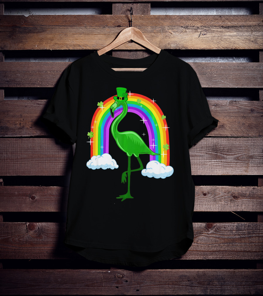 Leprechaun Flamingo With Rainbow And Clovers T-Shirt