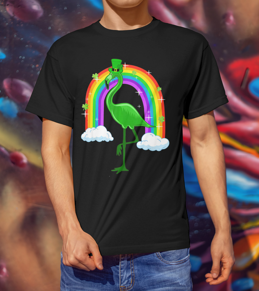 Leprechaun Flamingo With Rainbow And Clovers T-Shirt