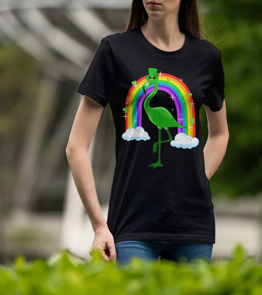 Leprechaun Flamingo With Rainbow And Clovers T-Shirt