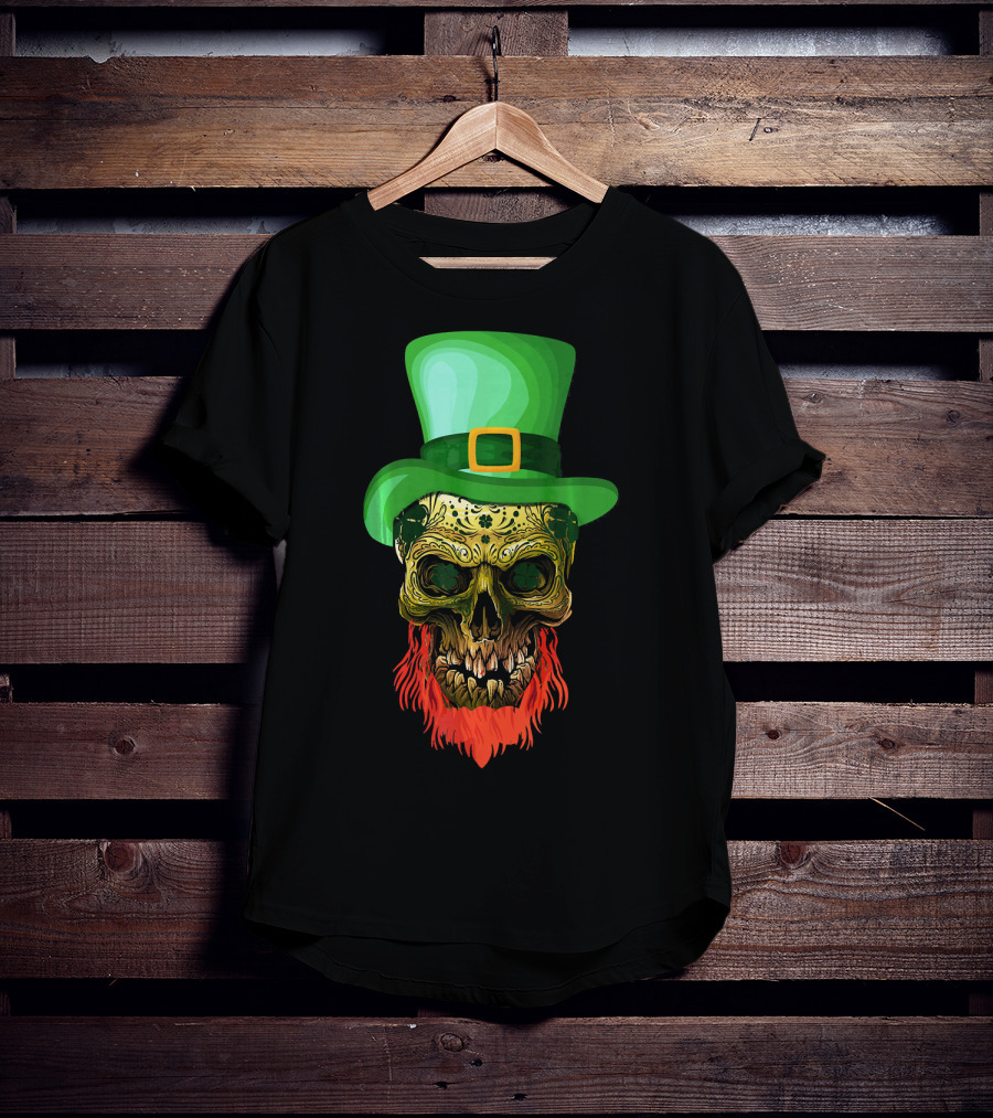 Skull Leprechaun Irish Green Hat Red Beard T-Shirt