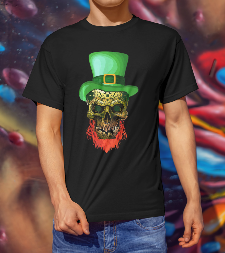 Skull Leprechaun Irish Green Hat Red Beard T-Shirt