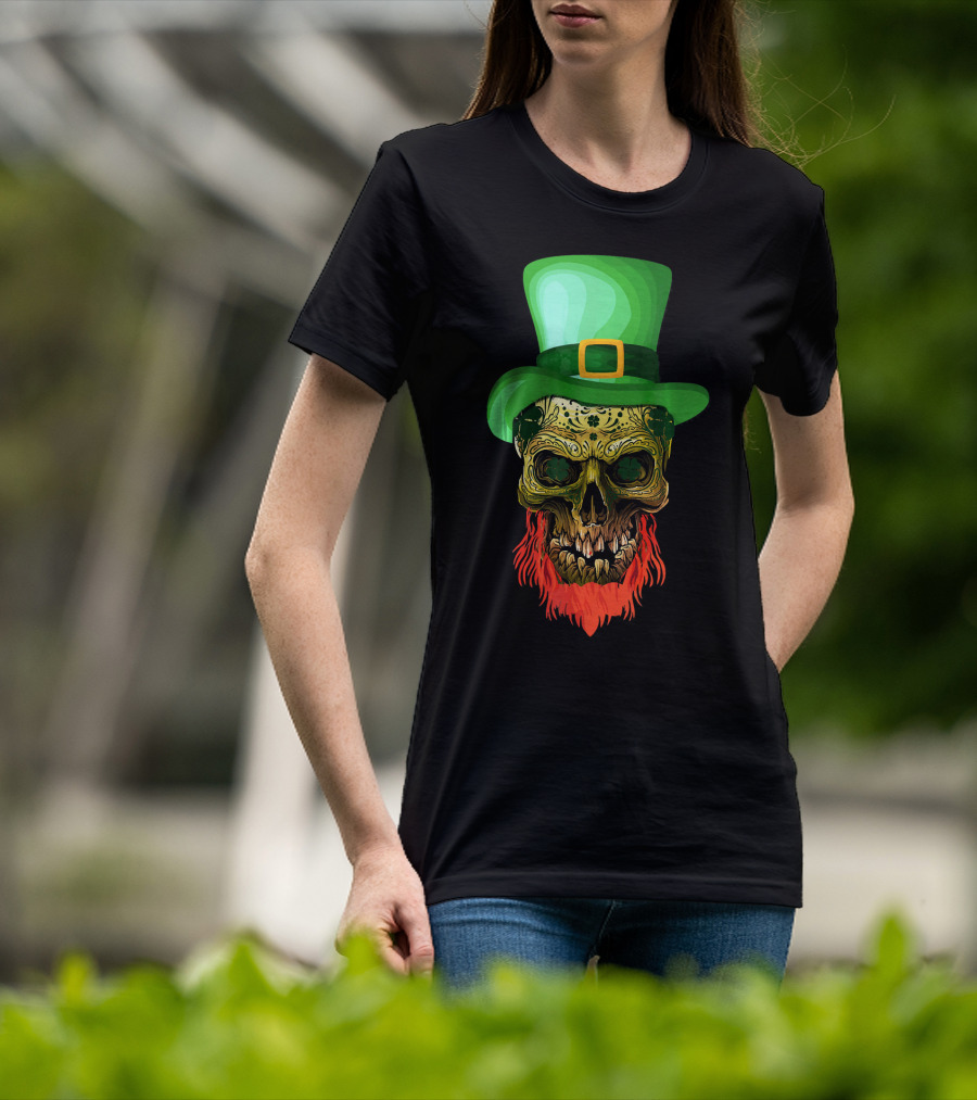 Skull Leprechaun Irish Green Hat Red Beard T-Shirt
