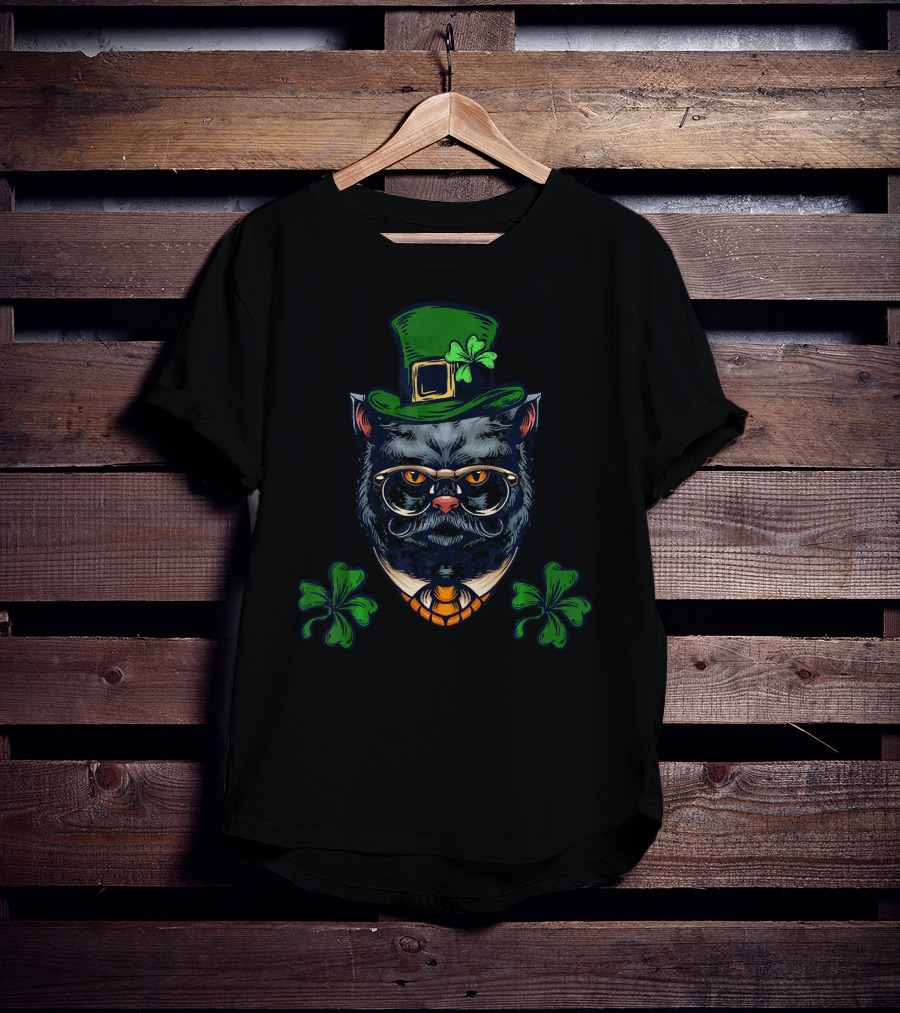Funny Cat Mustache Leprechaun With Shamrocks And Glasses T-Shirt