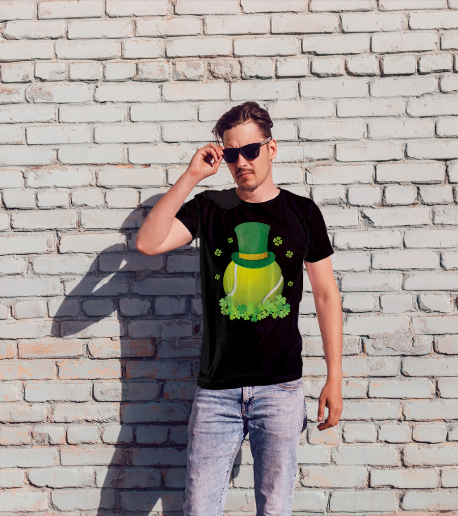 Leprechaun Hat Tennis Ball Surrounded By Shamrocks T-Shirt