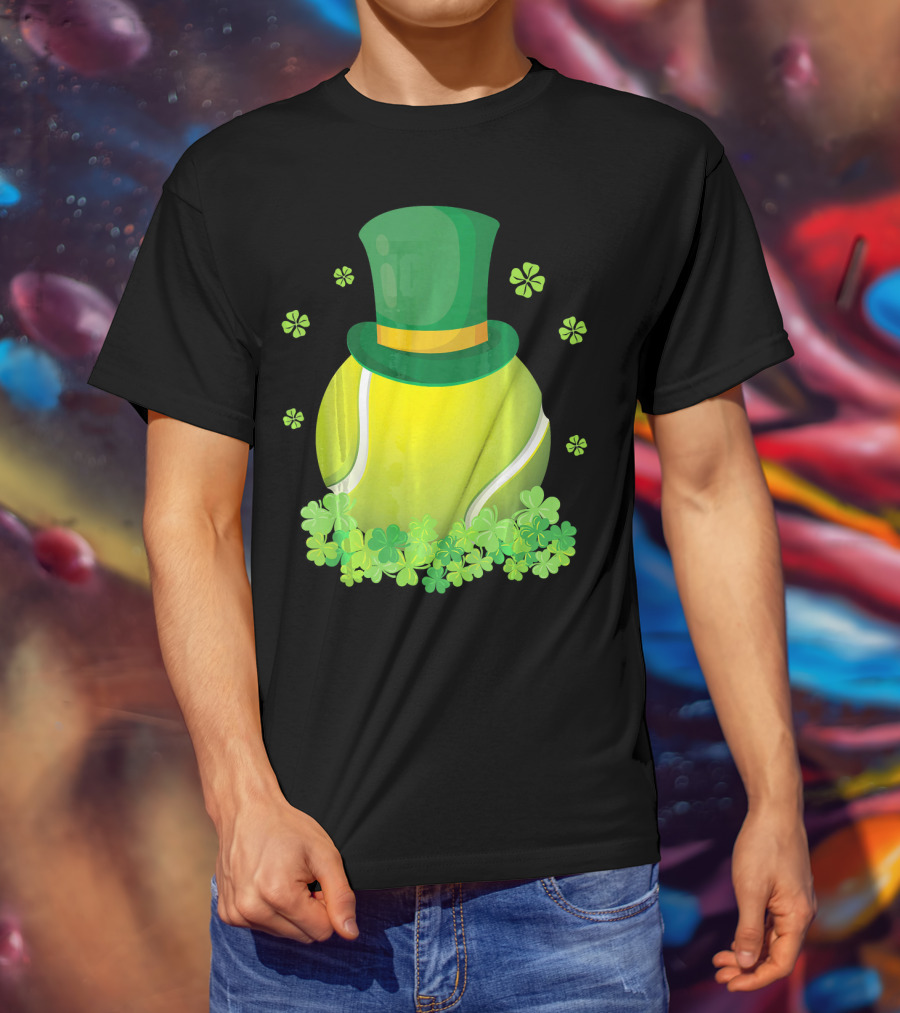 Leprechaun Hat Tennis Ball Surrounded By Shamrocks T-Shirt
