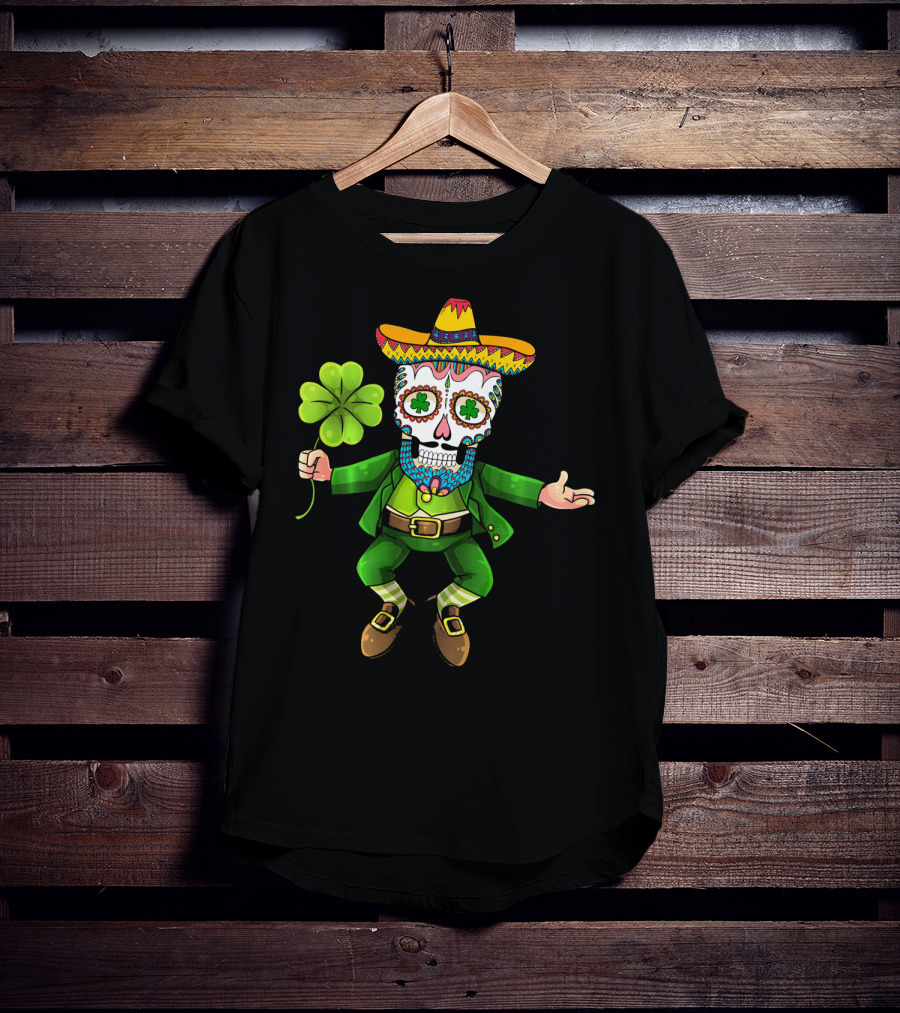 Cinco De Mayo Leprechaun Sugar Skull Sombrero And Shamrock T-Shirt
