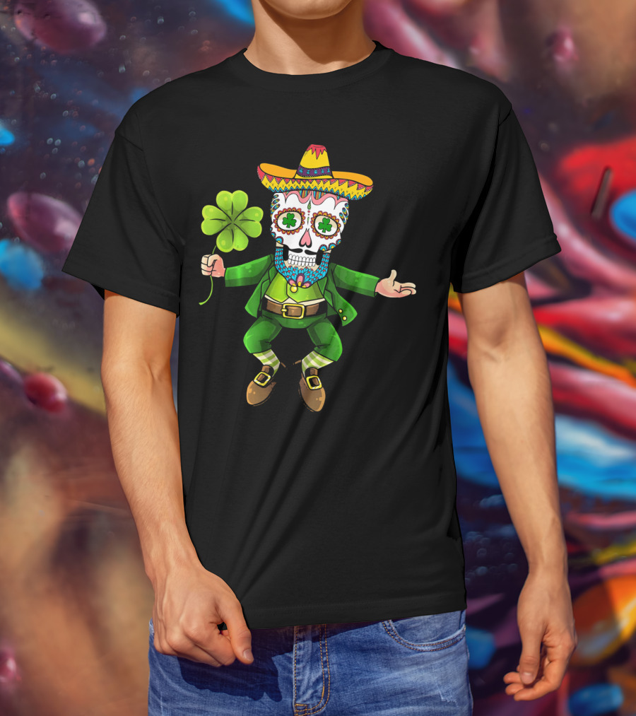 Cinco De Mayo Leprechaun Sugar Skull Sombrero And Shamrock T-Shirt
