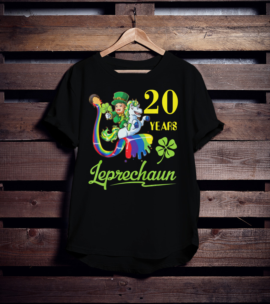 20 Years Leprechaun Riding Unicorn Rainbow Shamrock T-Shirt