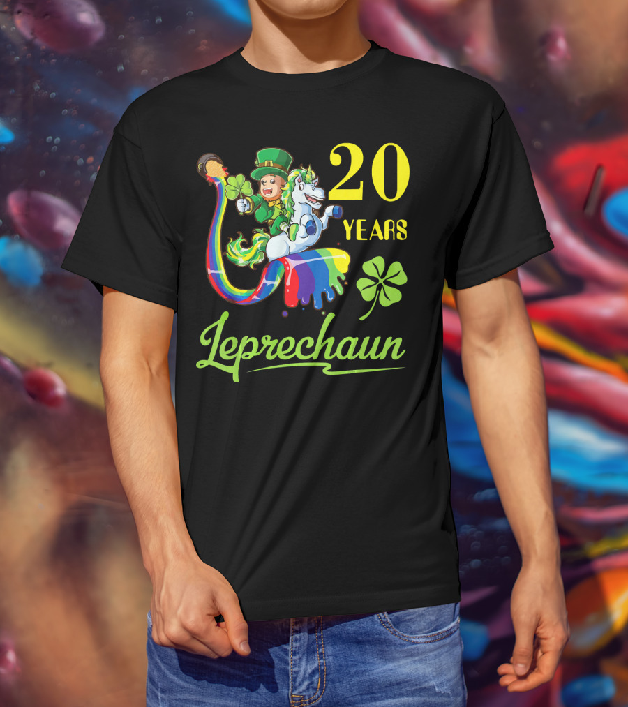 20 Years Leprechaun Riding Unicorn Rainbow Shamrock T-Shirt