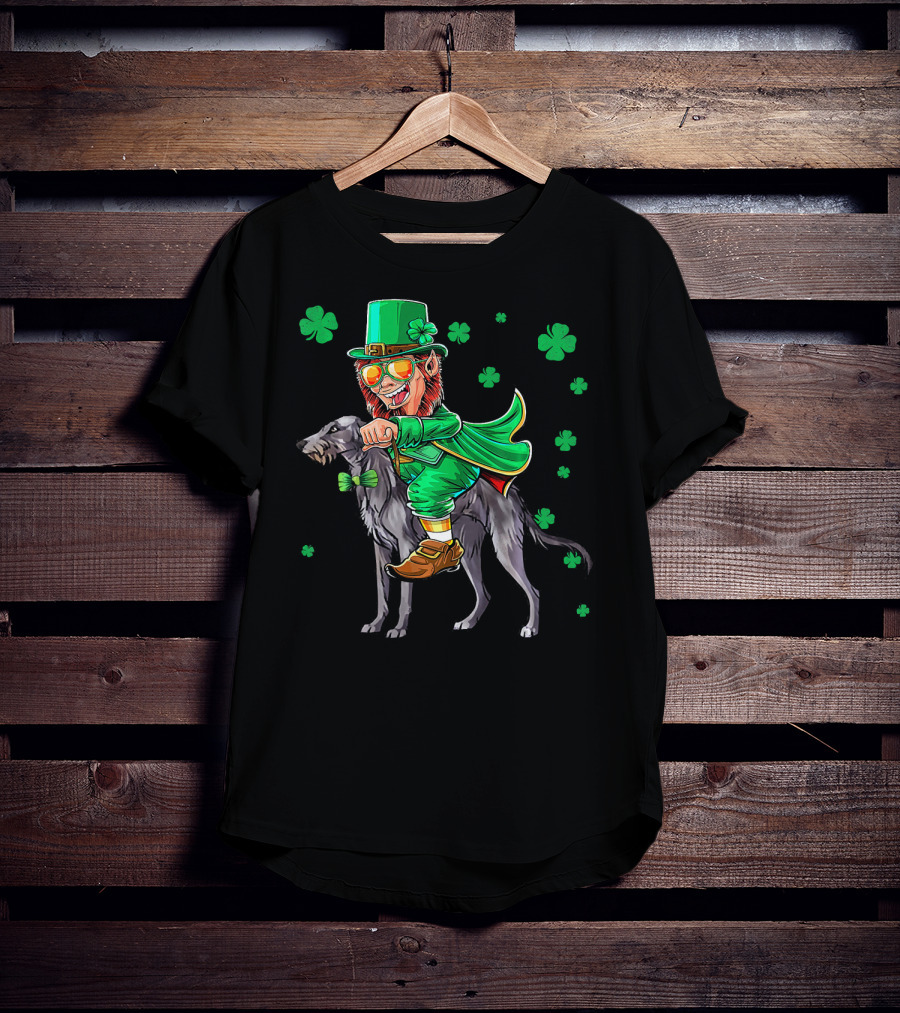 Leprechaun Riding Scottish Deerhound With Shamrocks T-Shirt