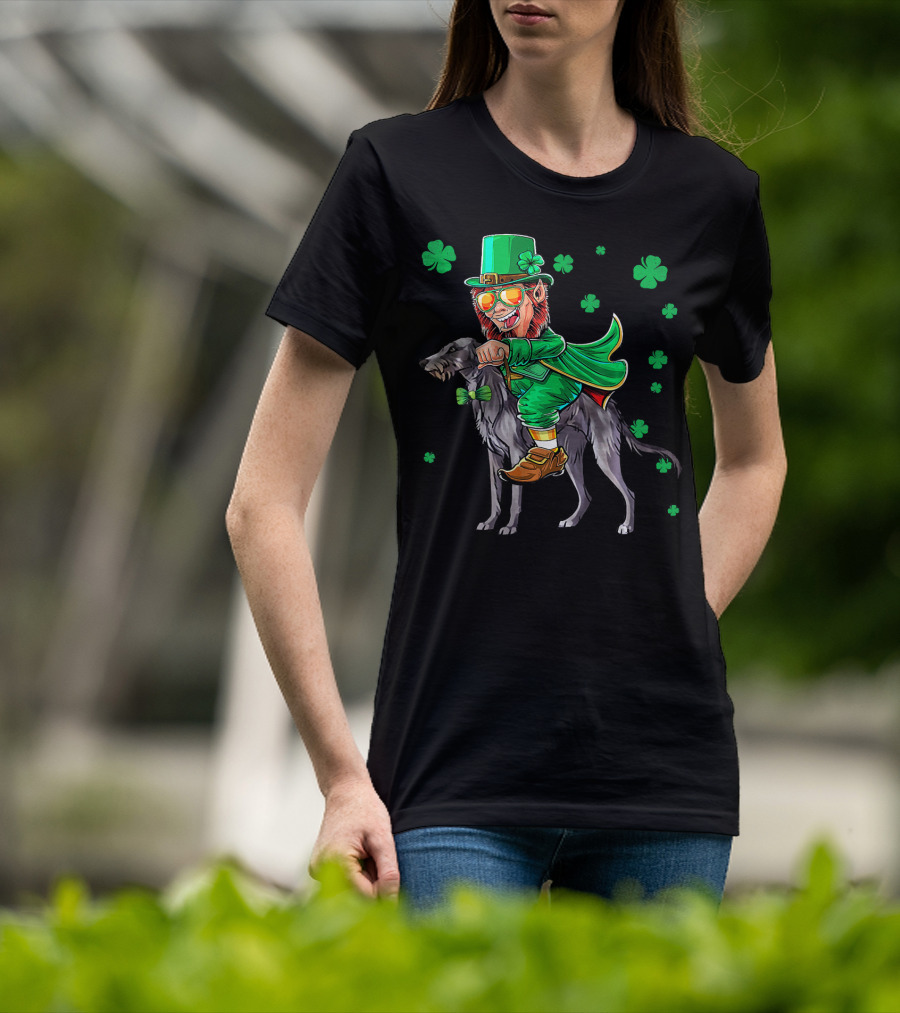 Leprechaun Riding Scottish Deerhound With Shamrocks T-Shirt