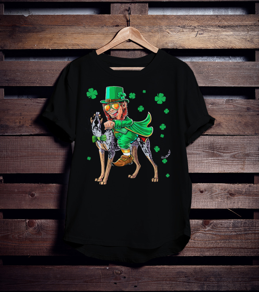 Leprechaun Riding Bluetick Coonhound With Shamrock Accents T-Shirt