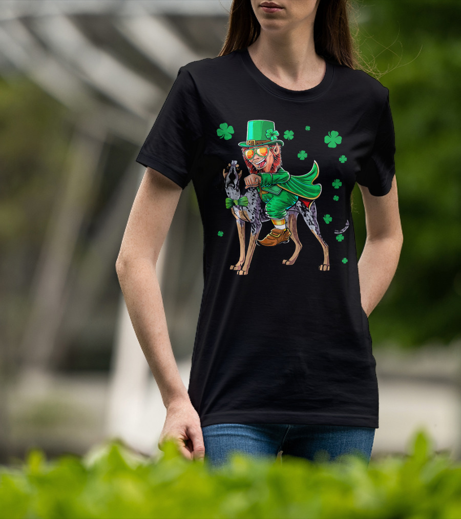 Leprechaun Riding Bluetick Coonhound With Shamrock Accents T-Shirt