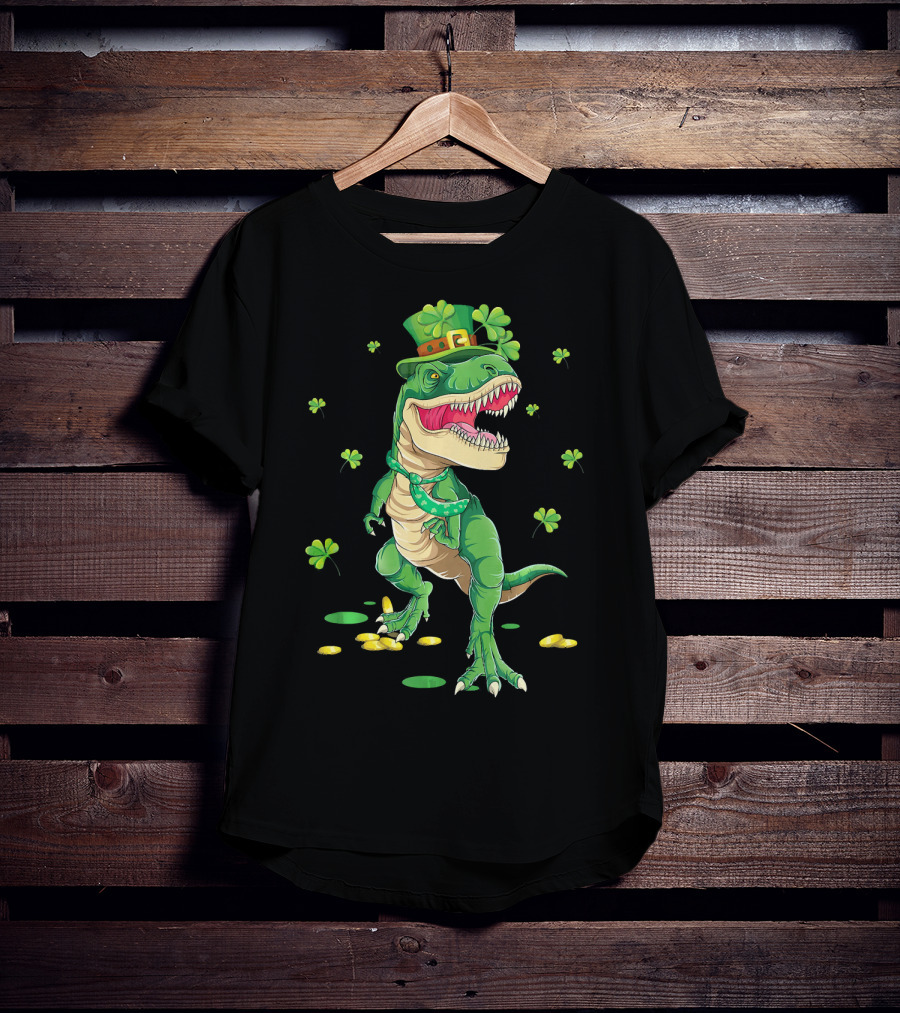 Happy St. Patrick’s Day Dinosaur Leprechaun Shamrocks Gold T-Shirt