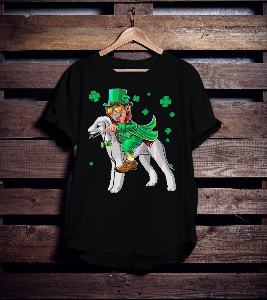 Leprechaun Riding Bedlington Terrier With Shamrock Elements T-Shirt