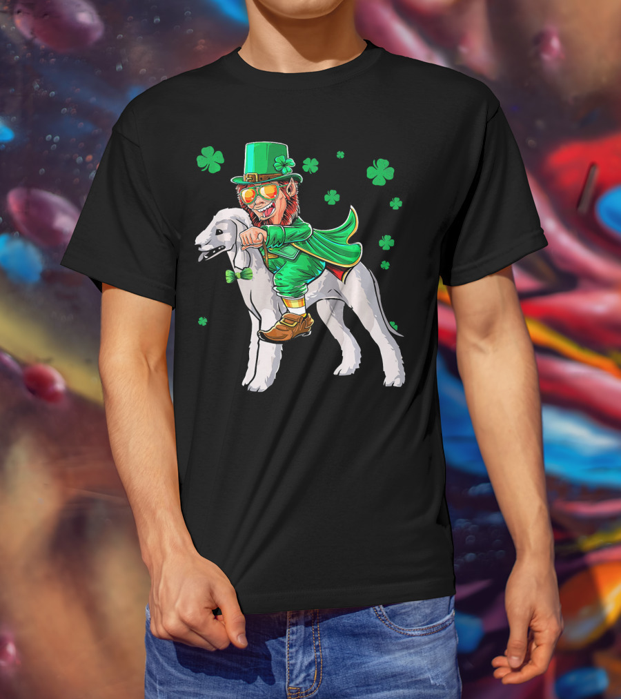 Leprechaun Riding Bedlington Terrier With Shamrock Elements T-Shirt