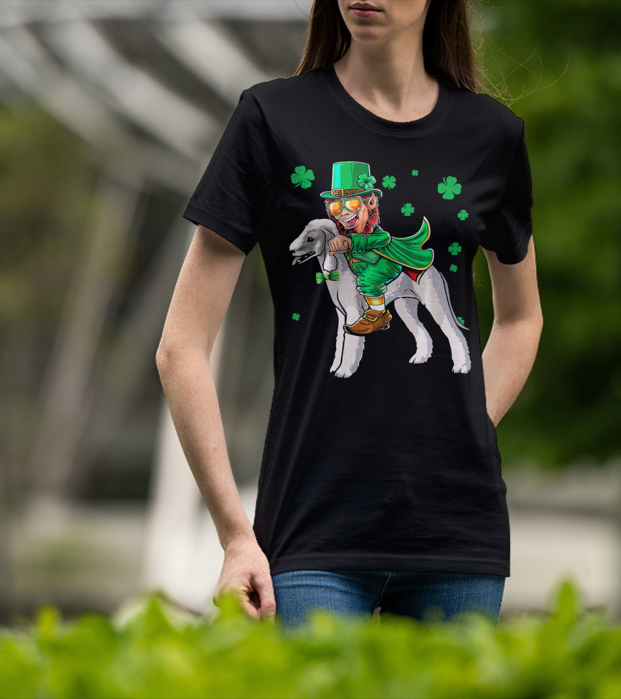 Leprechaun Riding Bedlington Terrier With Shamrock Elements T-Shirt
