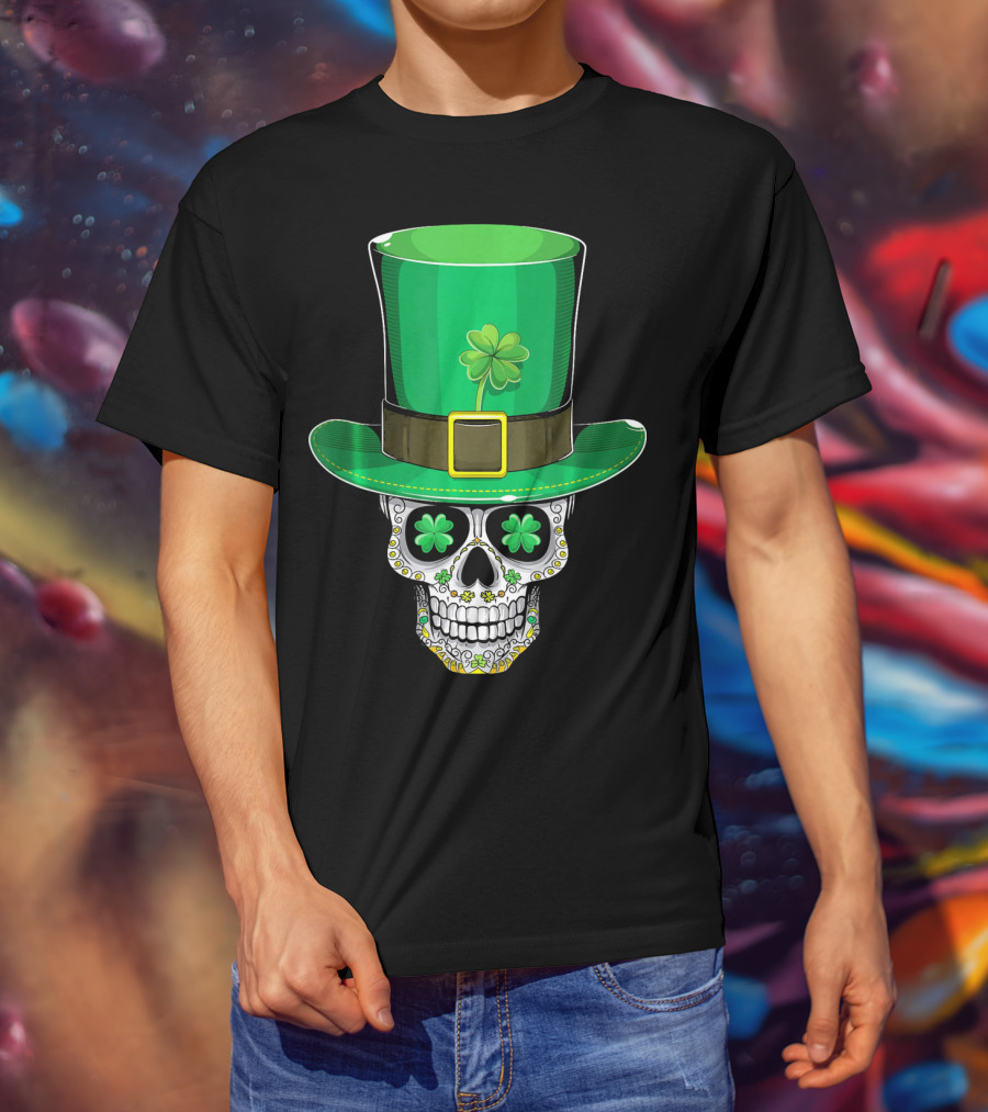 St Patricks Day Shamrock Sugar Skull Leprechaun T-Shirt