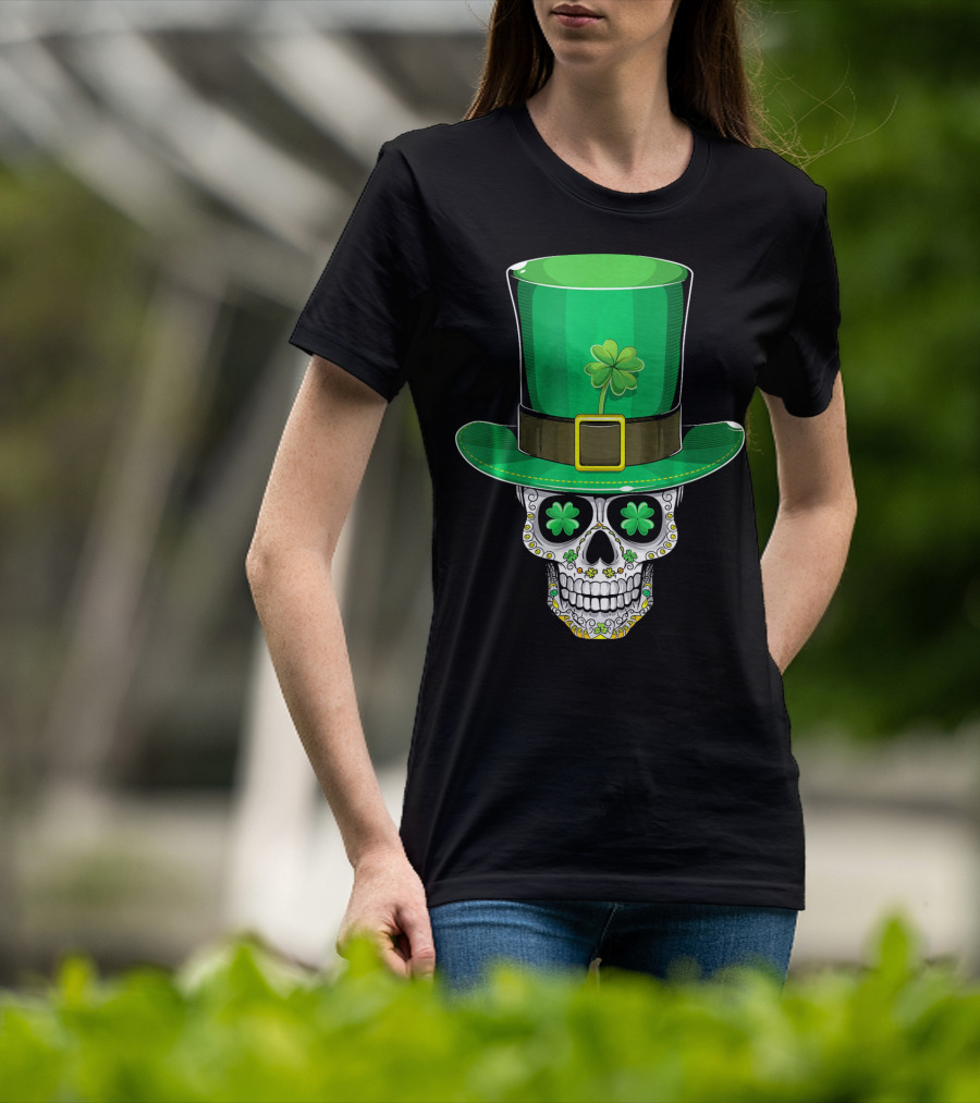 St Patricks Day Shamrock Sugar Skull Leprechaun T-Shirt