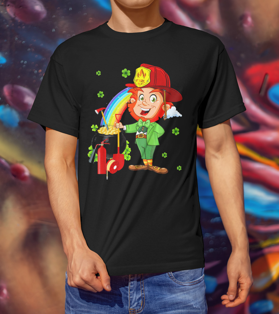Fire Dept Leprechaun With Pot Of Gold And Rainbow T-Shirt