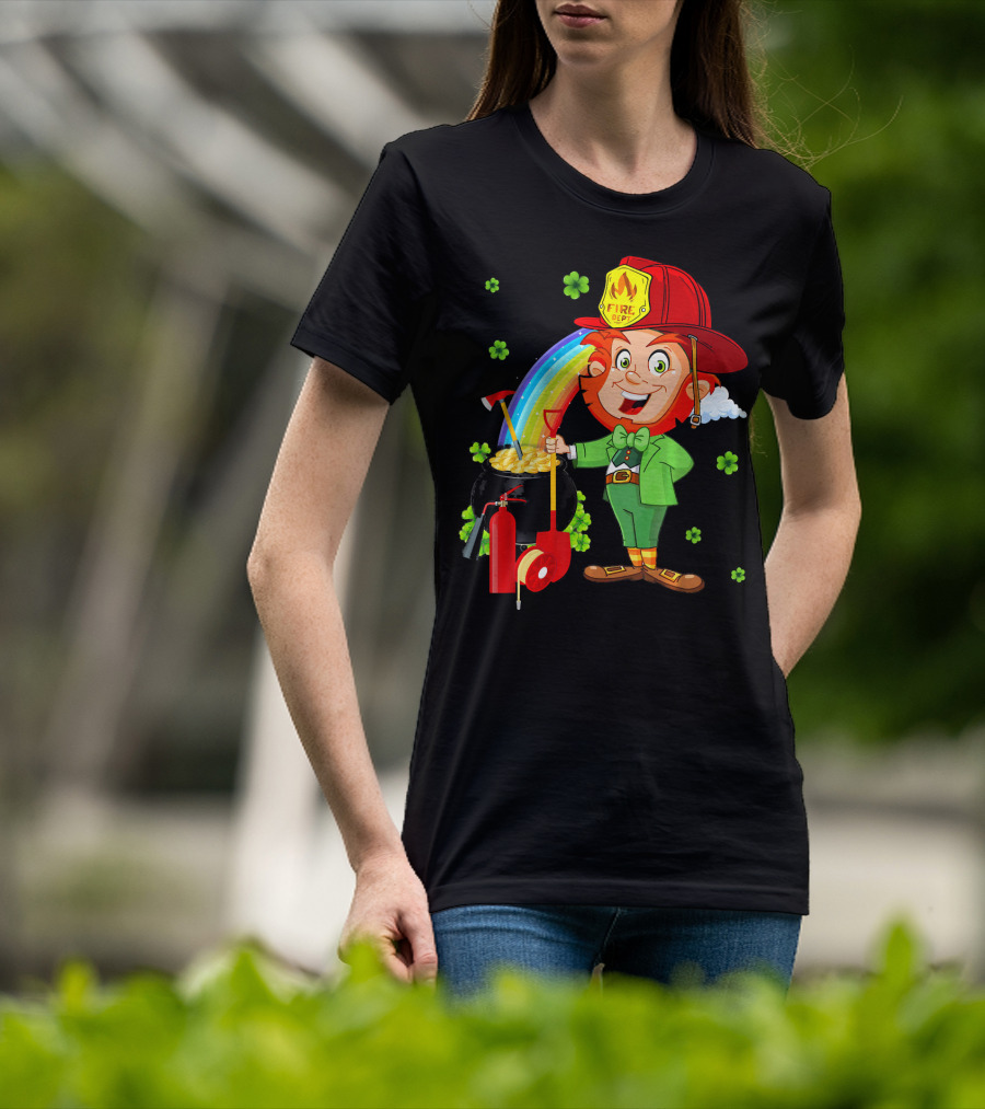 Fire Dept Leprechaun With Pot Of Gold And Rainbow T-Shirt