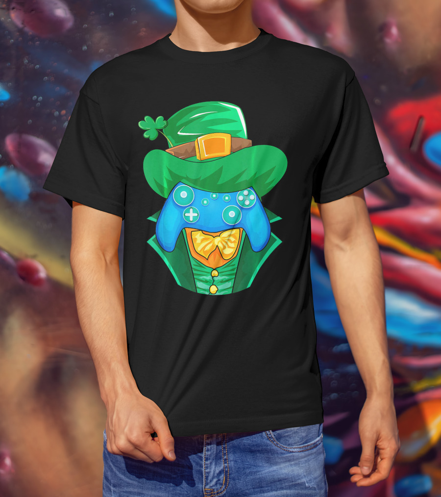Leprechaun Gamer Controller St Patrick's Day Shamrock Hat Bowtie T-Shirt