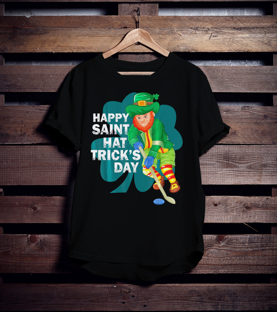 Happy Saint Hat Trick's Day Leprechaun Hockey Player Shamrock Ice T-Shirt
