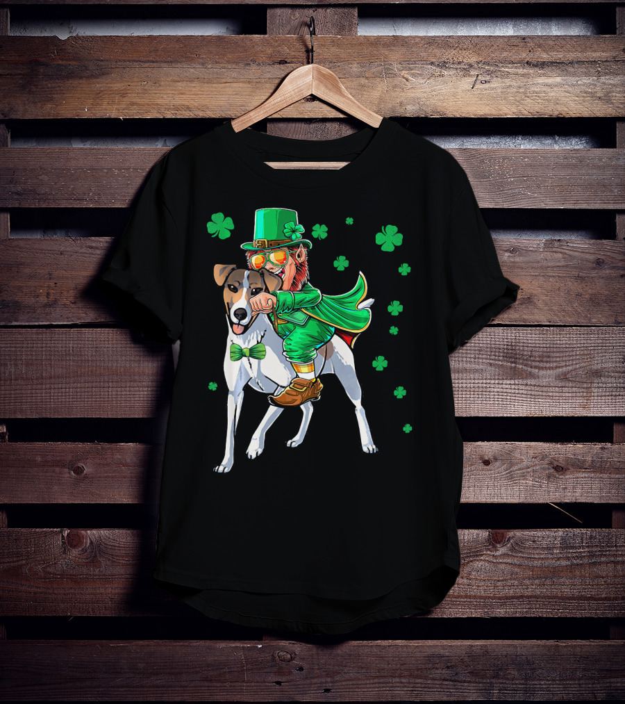 Leprechaun Riding Smooth Fox Terrier With Shamrocks T-Shirt