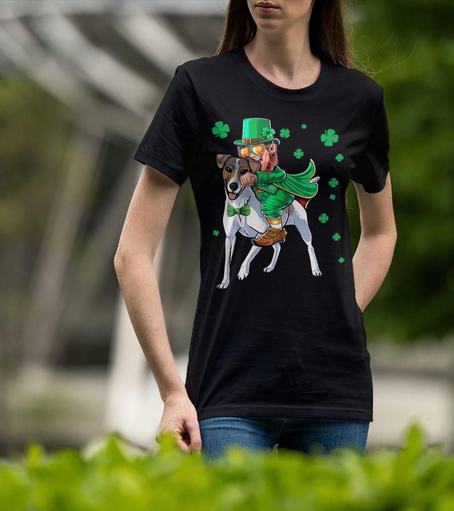 Leprechaun Riding Smooth Fox Terrier With Shamrocks T-Shirt