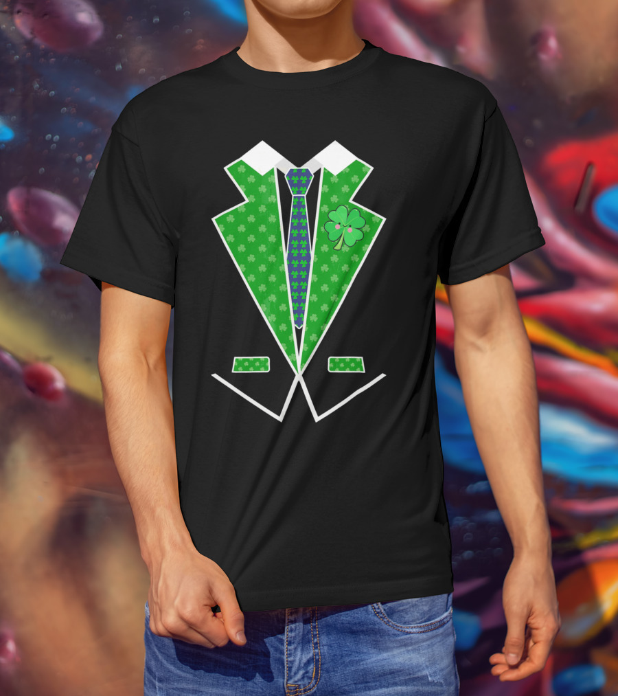 St. Patrick Day Shamrock Vest Tuxedo With Green Tie T-Shirt