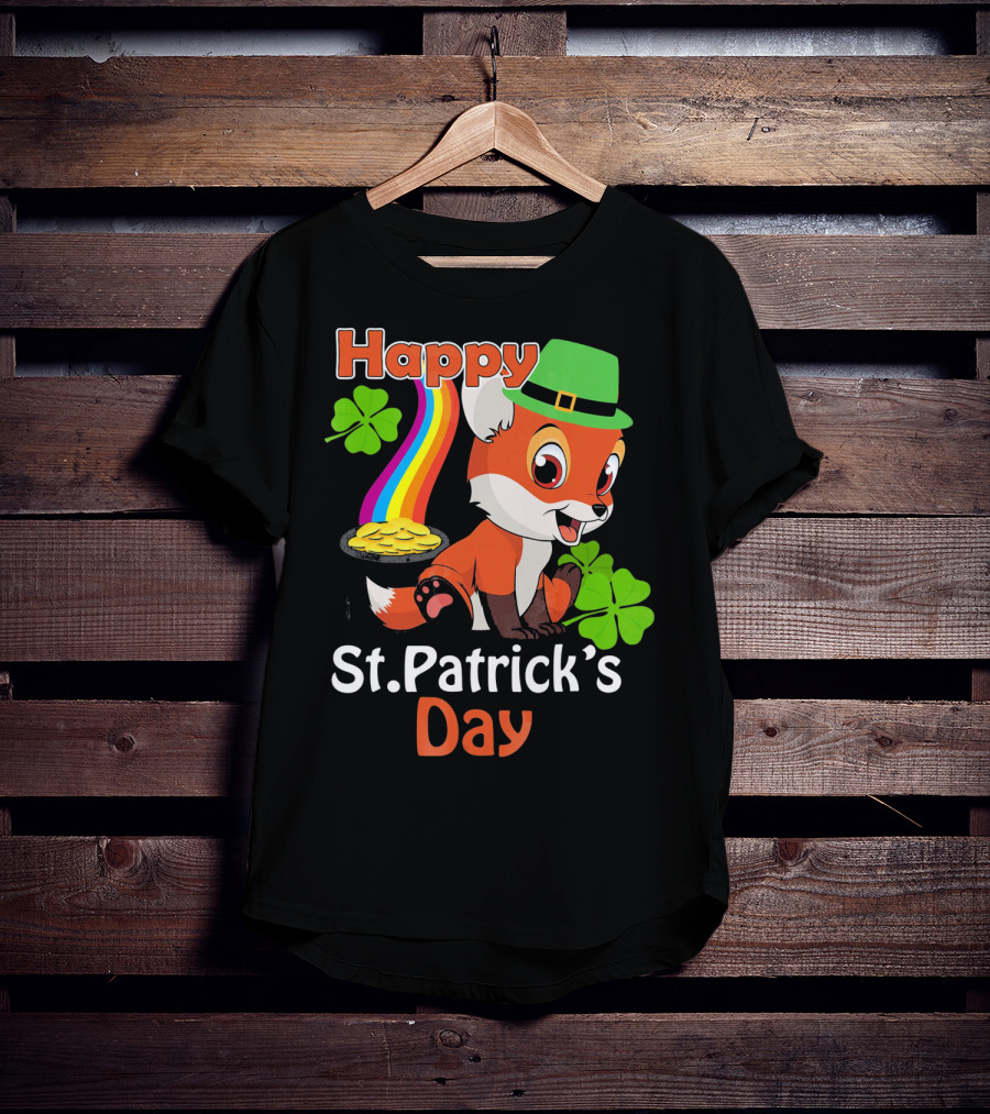 Happy St Patrick's Day Funny Fox Rainbow Clover Gold T-Shirt