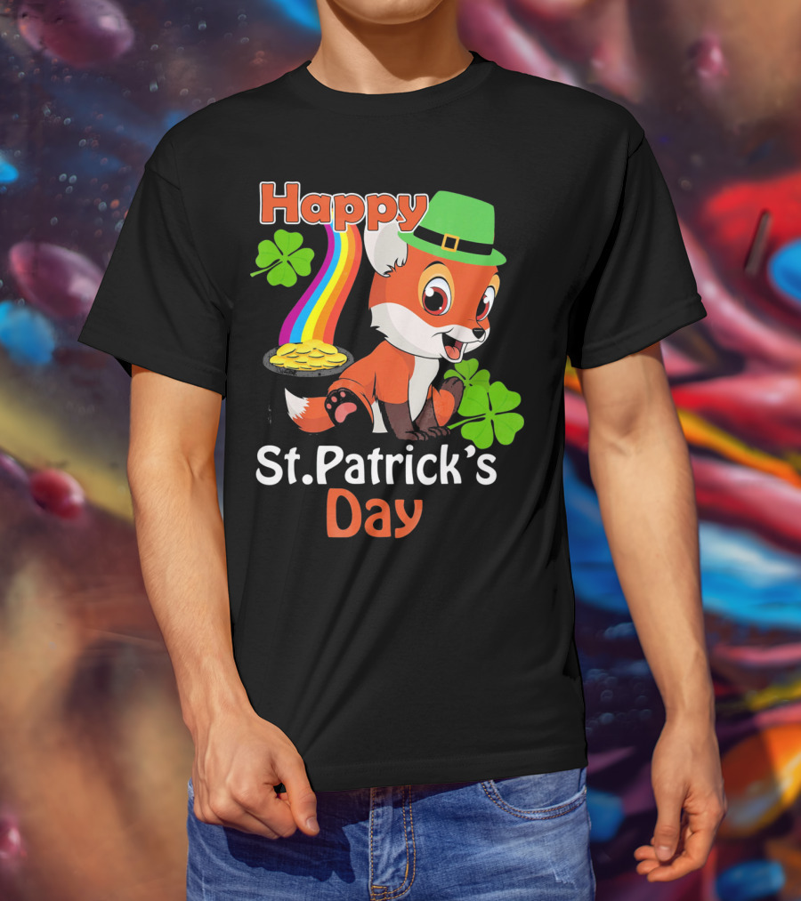 Happy St Patrick's Day Funny Fox Rainbow Clover Gold T-Shirt