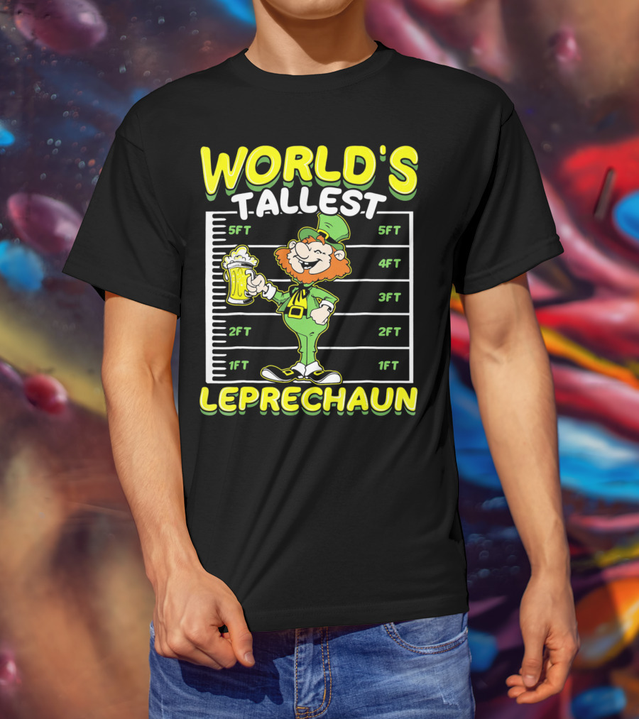 WORLD'S TALLEST LEPRECHAUN Funny St Pat Holding Beer Mug With Height Chart T-Shirt