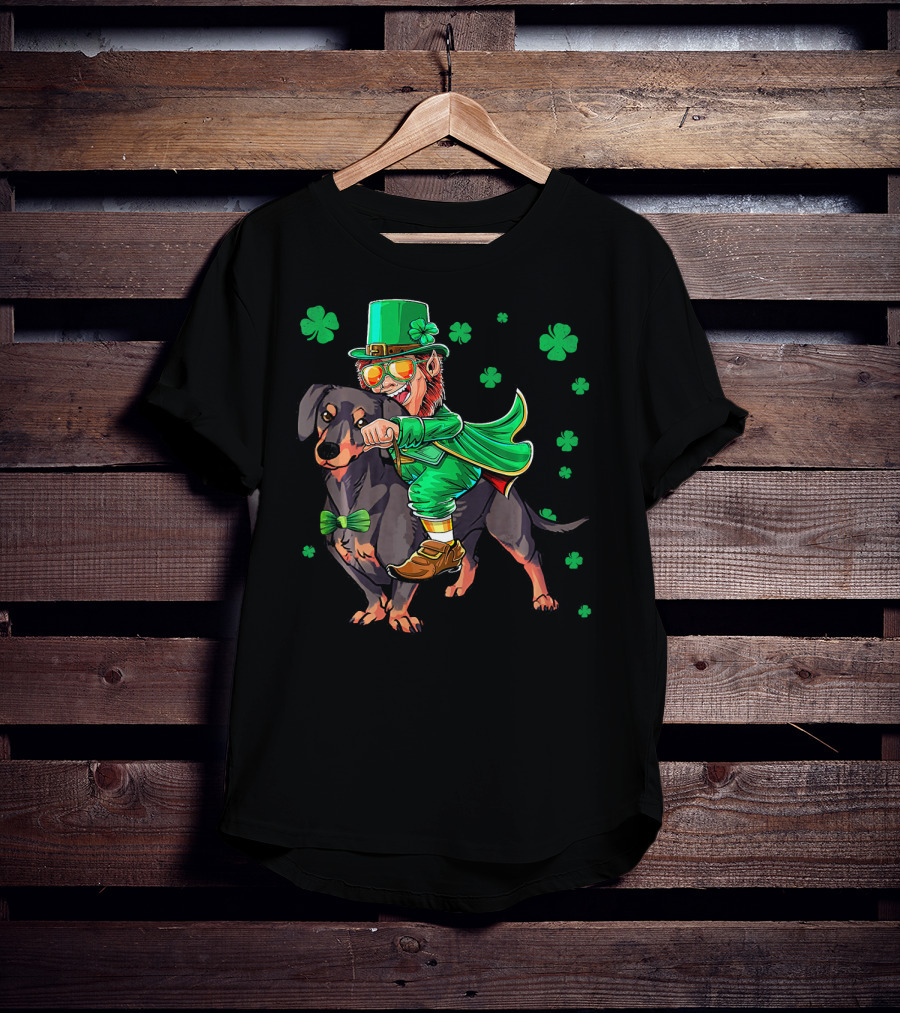 Leprechaun Riding Miniature Dachshund With Shamrocks T-Shirt