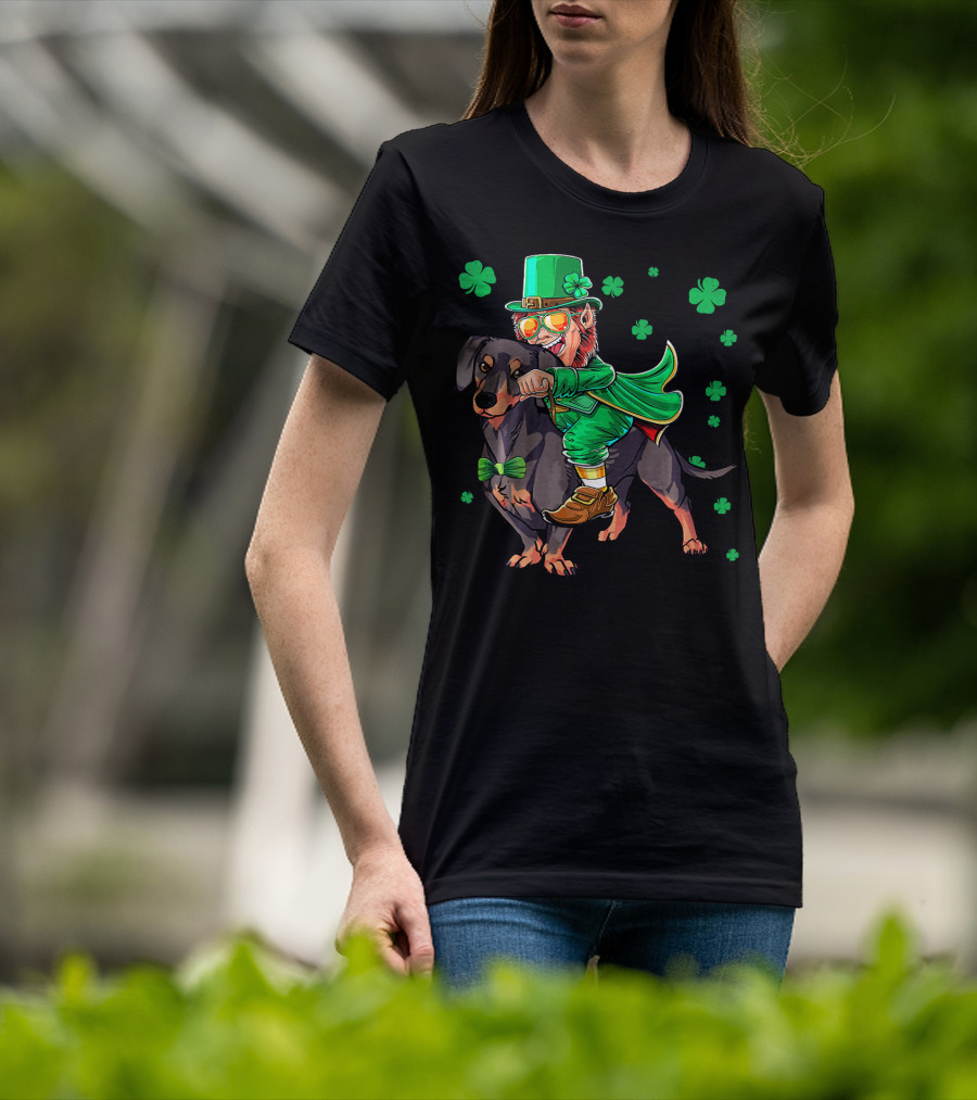 Leprechaun Riding Miniature Dachshund With Shamrocks T-Shirt
