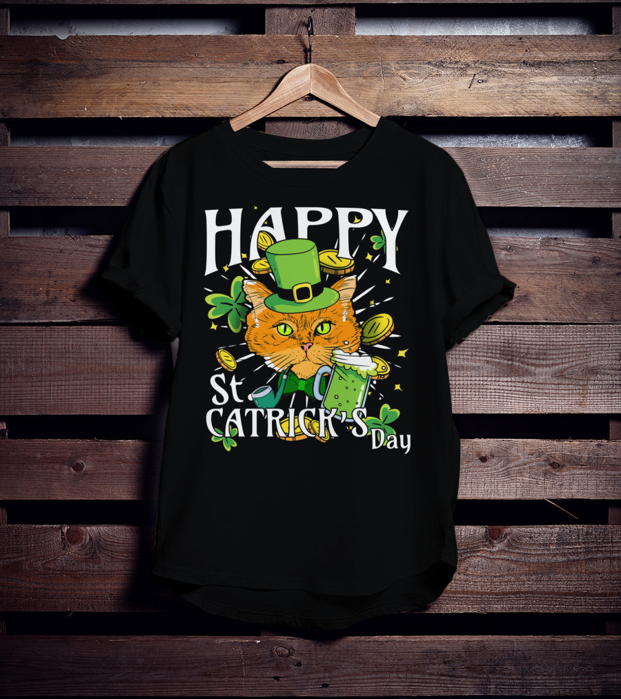 Happy St. Catricks Day Funny St. Patrick Cat Clover Coins T-Shirt