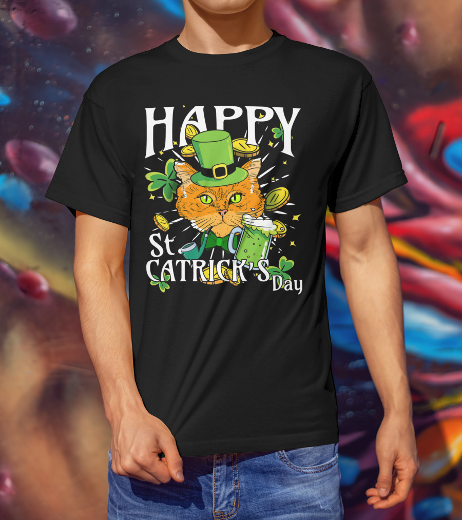 Happy St. Catricks Day Funny St. Patrick Cat Clover Coins T-Shirt