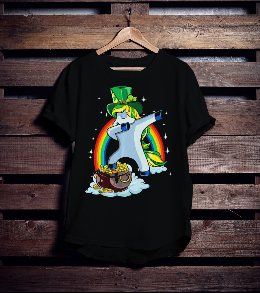 St Patricks Day Dabbing Unicorn Rainbow Pot Of Gold T-Shirt