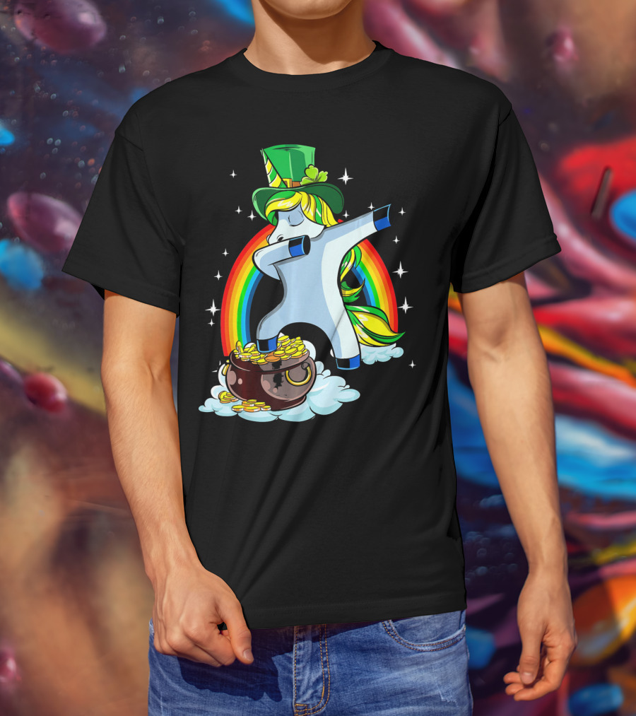 St Patricks Day Dabbing Unicorn Rainbow Pot Of Gold T-Shirt