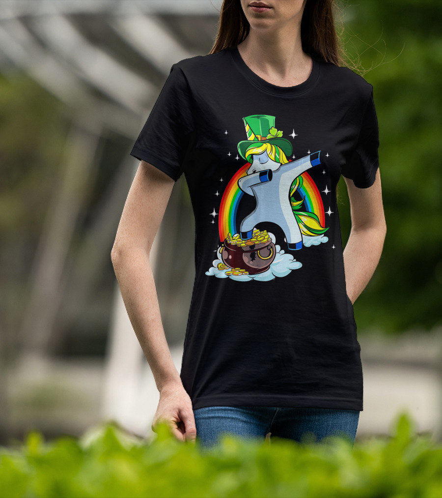 St Patricks Day Dabbing Unicorn Rainbow Pot Of Gold T-Shirt