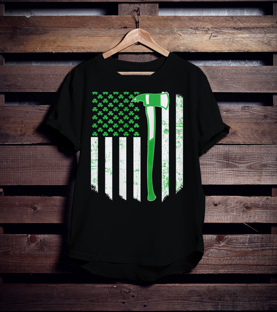 Irish Shamrock Flag Firefighter Axe T-Shirt