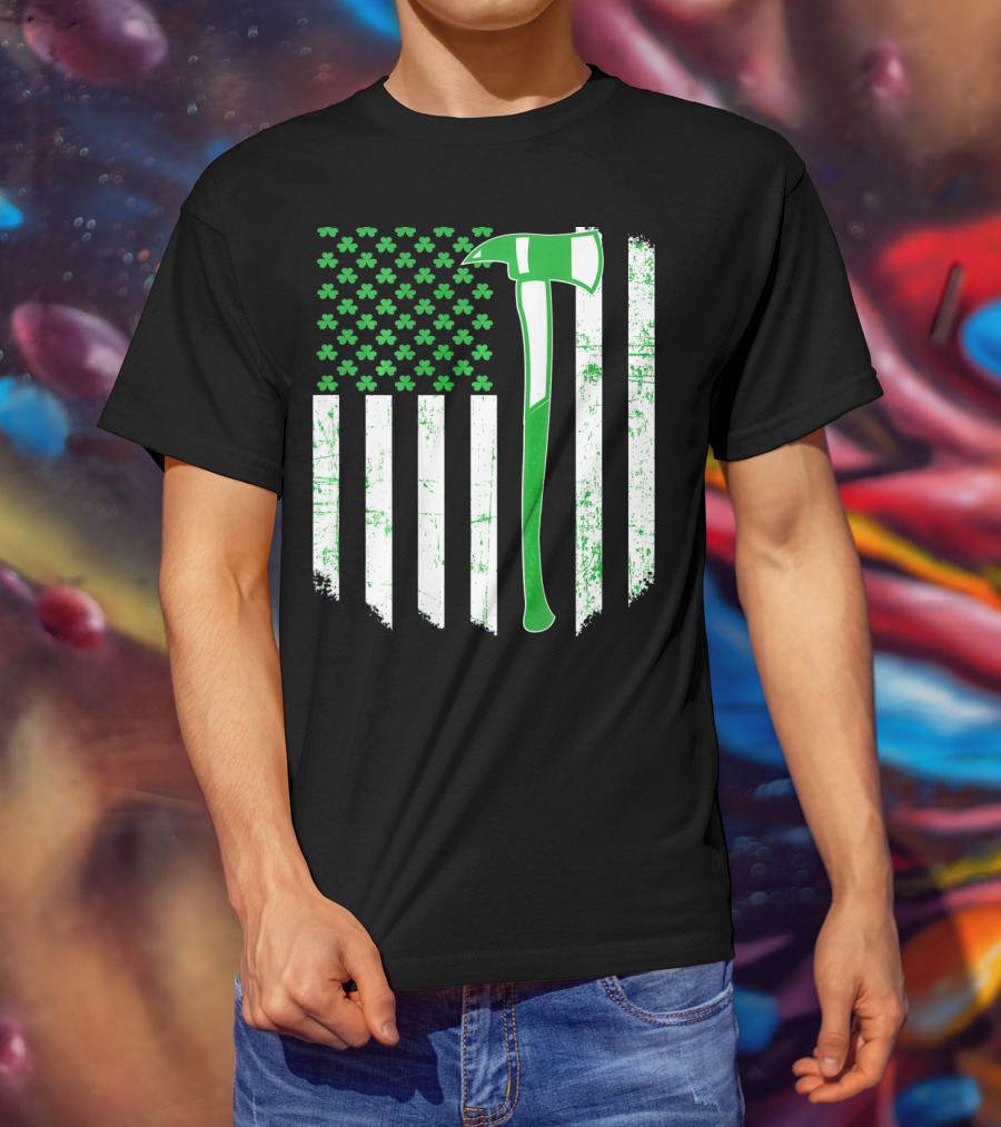 Irish Shamrock Flag Firefighter Axe T-Shirt