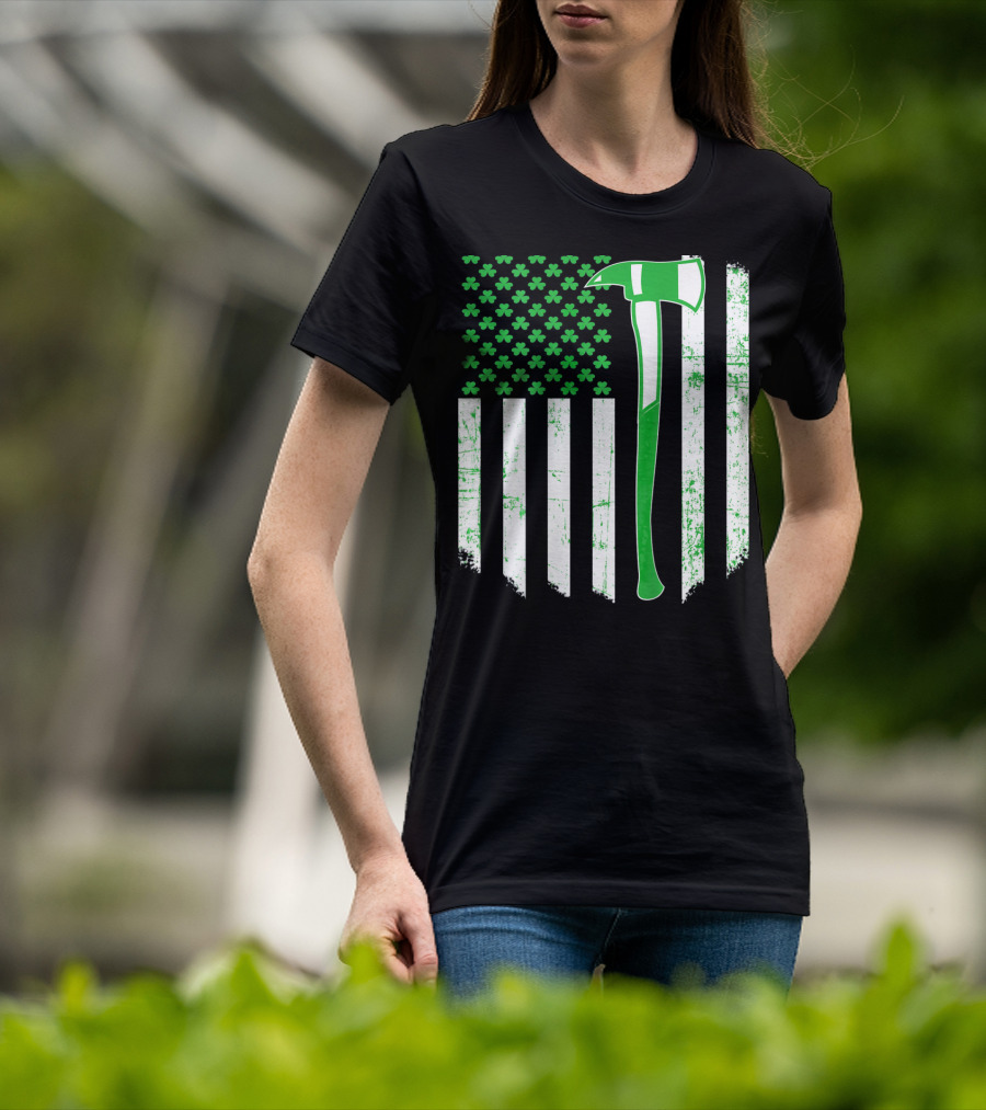 Irish Shamrock Flag Firefighter Axe T-Shirt