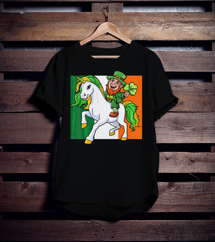Leprechaun Riding Unicorn Irish Flag St Patricks Day T-Shirt