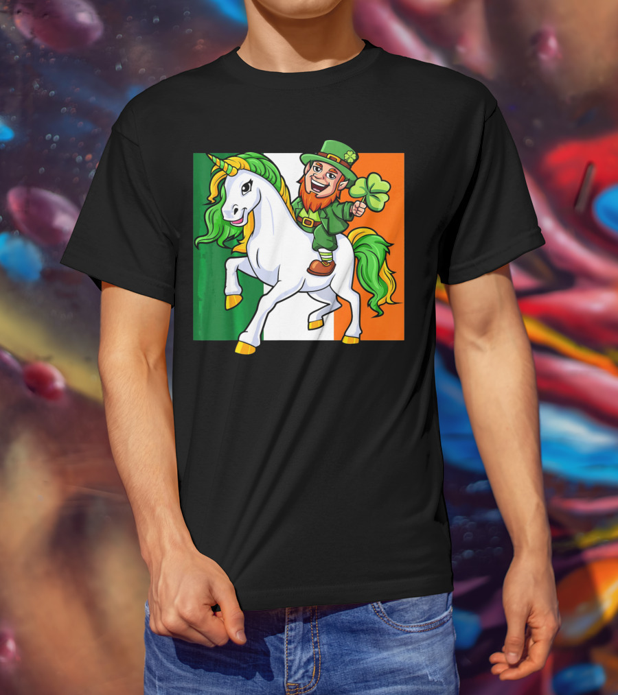 Leprechaun Riding Unicorn Irish Flag St Patricks Day T-Shirt