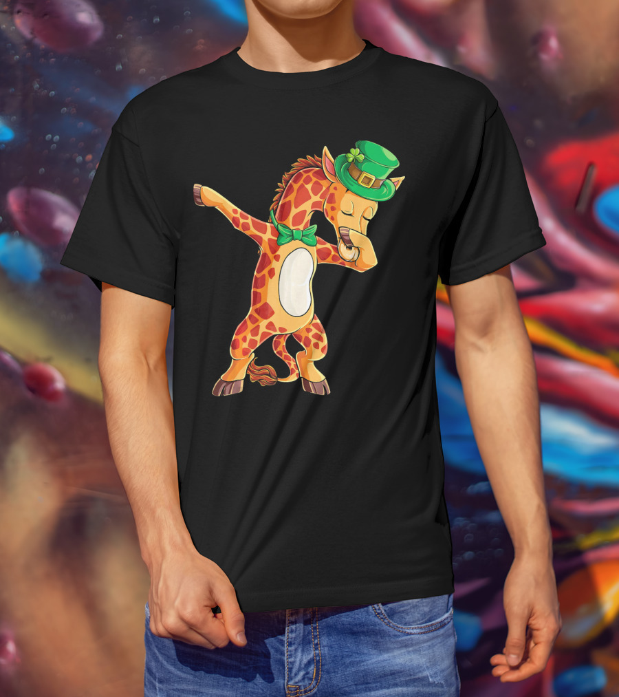 Giraffe Dabbing Leprechaun Hat Bow Tie T-Shirt