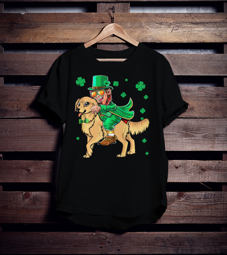 Leprechaun Riding Golden Retriever With Shamrocks T-Shirt
