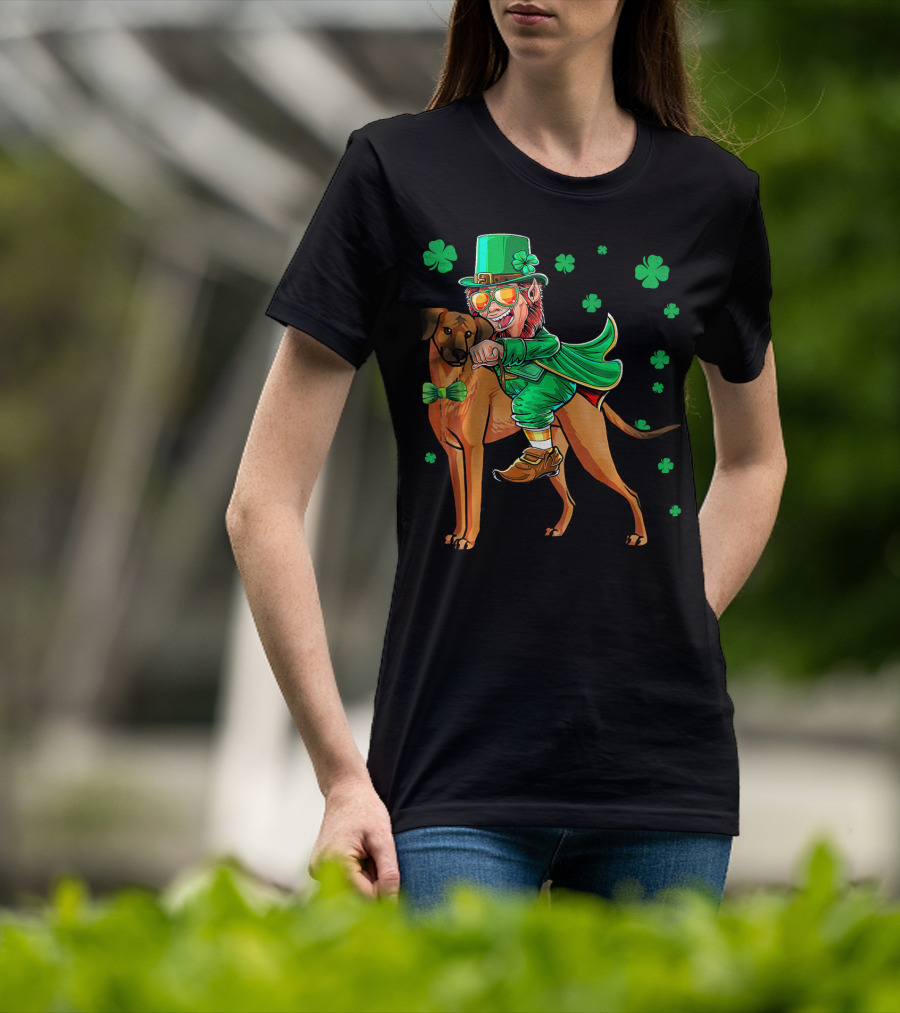 Leprechaun On Rhodesian Ridgeback With Shamrocks T-Shirt