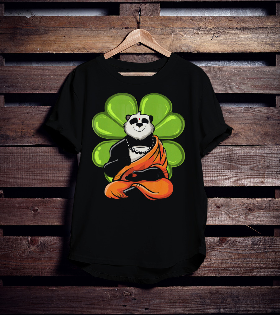 Panda Bear Buddha Zen Meditation With Lucky Four-Leaf Clover T-Shirt